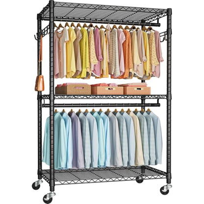 P1 Plus Rolling Clothes Rack, Heavy Duty Portable Closet Wardrobe | Freestanding Garment Clothing Rack with Wheels and Double Rods, 45"W x 17.7"D x 80.5"H, Max Load 524lbs, Black - color: Black, size: P1 Plus
