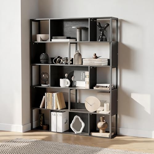 Garvee 5-Tier Bookshelf, Tall Geometric Bookcase, Modern Room Divider & Display Shelf with Anti-Tipping Devices, Mid Century Bookshelf for Living Room, Home Office | Display Shelf with Anti-Tipping Devices, Mid Century Bookshelf for Living Room, Home Offi