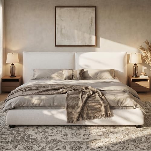 DNYN Upholstered Platform Bed Frame with Thick Pillow-Back Headboard | Linen Fabric Bed| Low-profile Design| No Box Spring Needed| Wooden Slats Support| Easy Assemble| California King Size - size: California King