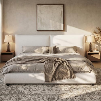 DNYN Upholstered Platform Bed Frame with Thick Pillow-Back Headboard | Linen Fabric Bed| Low-profile Design| No Box Spring Needed| Wooden Slats Support| Easy Assemble| California King Size - size: California King