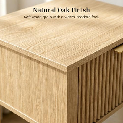 Natural Oak 15.4" Wide Small Nightstand with Drawer,Open Shelf,Fluted | Light oak tone, ribbed fluted front, 11.8-inch slim depth, concealed storage, airy fit for bedside, sofa side, or chair side - color: Natural Oak
