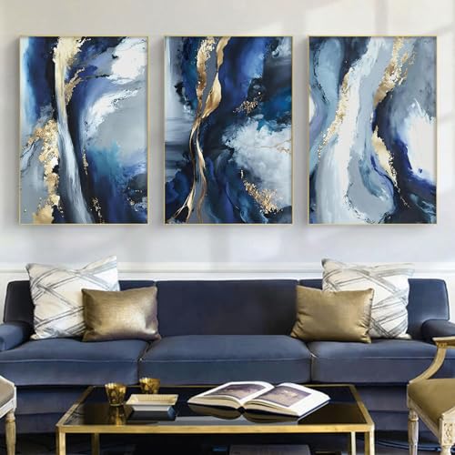 Blue White and Gold Abstract Canvas Wall Art for Living room Bedroom Home Decor Blue and White Abstract Canvas Prints Painting Navy Modern Pictures Wall Decor 16x24inx3pcs No Frame