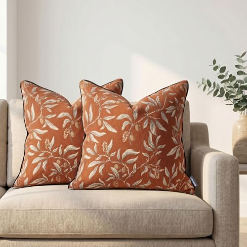 Coffee Vintage Floral Pillow Covers 18x18 Inch Set of 2, Cotton Plant Throw Pillow Decorative Cover Square Farmhouse Decorative Pillow Cover for Couch Living Room Bedroom - color: Coffee, size: 18" x 18" (Pack of 2)