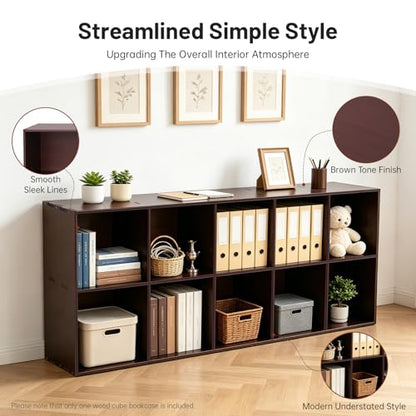 10 Cube Storage Organizer - Pine Wood Bookshelf - Cube Shelf - Vertical or Horizontal Bookcase - Open Book Shelf - Easy Assembly for Bedroom, Living Room, Office - Brown - size: 10 Cube