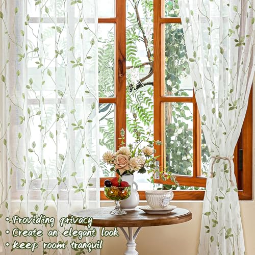 2 Panels Embroidered Leaf Pattern Semi Sheer Curtains Foliage Floral Voile Window Draperies Treatment for Bedroom Living Room Rod Pocket White Light Green 53 x 95 Inch