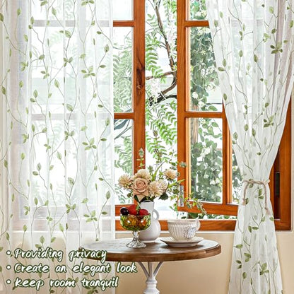2 Panels Embroidered Leaf Pattern Semi Sheer Curtains Foliage Floral Voile Window Draperies Treatment for Bedroom Living Room Rod Pocket White Light Green 53 x 95 Inch