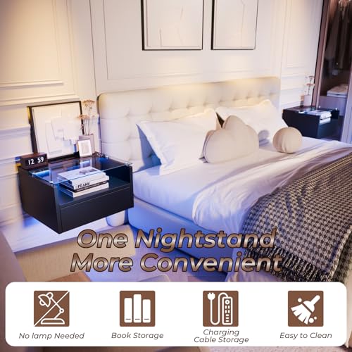 Black Floating Nightstand Set of 2 with Charging Station, 18.9" Extended Bedside End Table with Drawer and LED, Modern Wall Mounted Night Stand Side Table with Open Shelf for Bedroom