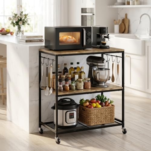 Microwave Stand with Storage, Rolling Bakers Rack, Kitchen Island Cart | 3 Tier, Lockable Wheels, 6 Hooks, 240LBS Load, Waterproof Wooden Board, Metal Frame, for Toaster, Coffee Makers, Ovens