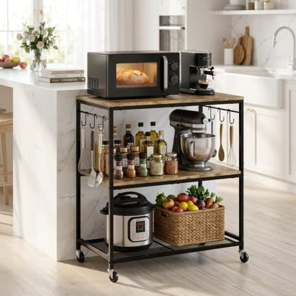 Microwave Stand with Storage, Rolling Bakers Rack, Kitchen Island Cart | 3 Tier, Lockable Wheels, 6 Hooks, 240LBS Load, Waterproof Wooden Board, Metal Frame, for Toaster, Coffee Makers, Ovens