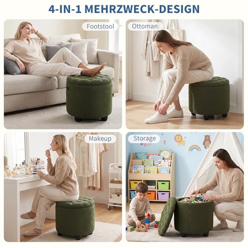 Modern Round Storage Ottoman, Upholstered Button Tufted Ottoman Footstool Ottomans with Removable Lid Storage Footstool for Living Room, Bedroom, Makeup Room, Teddy, Green - color: Green