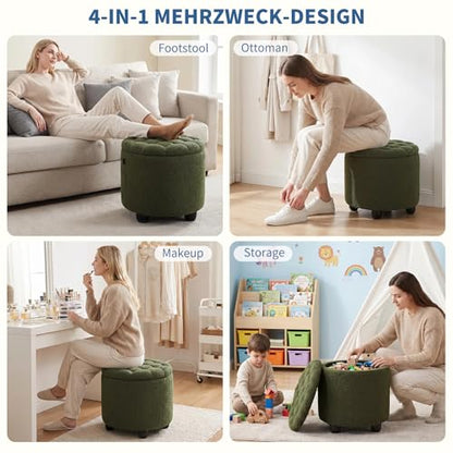 Modern Round Storage Ottoman, Upholstered Button Tufted Ottoman Footstool Ottomans with Removable Lid Storage Footstool for Living Room, Bedroom, Makeup Room, Teddy, Green - color: Green