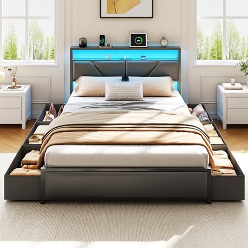 Queen Bed Frame with Storage Headboard, 6 Drawers, LED&Charging | 2-Tier PU Leather Upholstered Headboard, Charging Station&RGB Lights, No Box Spring Needed, easy assembly, Noise-Free,Black - color: Black, size: Queen