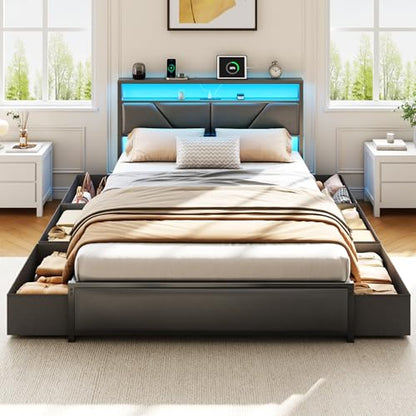 Queen Bed Frame with Storage Headboard, 6 Drawers, LED&Charging | 2-Tier PU Leather Upholstered Headboard, Charging Station&RGB Lights, No Box Spring Needed, easy assembly, Noise-Free,Black - color: Black, size: Queen