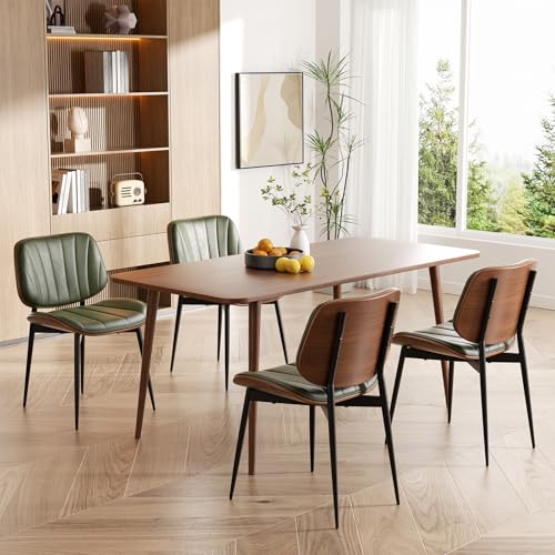 Dining Chairs Set of 4, Mid Century Modern Dining Room Chairs, Upholstered Faux Leather Kitchen Chairs with Walnut Bentwood Back and Metal Legs, Green - color: Green, size: Set of 4
