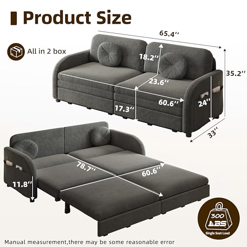 65.4'' Queen Size Sleeper Sofa Bed, 3-in-1 Pull Out Chenille Couch, Grey | Cozy Curved Armrest, Loveseat with USB, 2 Round Pillows, Washable Cover, Pocket, for Living Room, Apartment, Small Spaces, RV - color: Grey, size: 65.4'' Queen