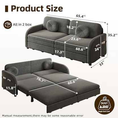 65.4'' Queen Size Sleeper Sofa Bed, 3-in-1 Pull Out Chenille Couch, Grey | Cozy Curved Armrest, Loveseat with USB, 2 Round Pillows, Washable Cover, Pocket, for Living Room, Apartment, Small Spaces, RV - color: Grey, size: 65.4'' Queen