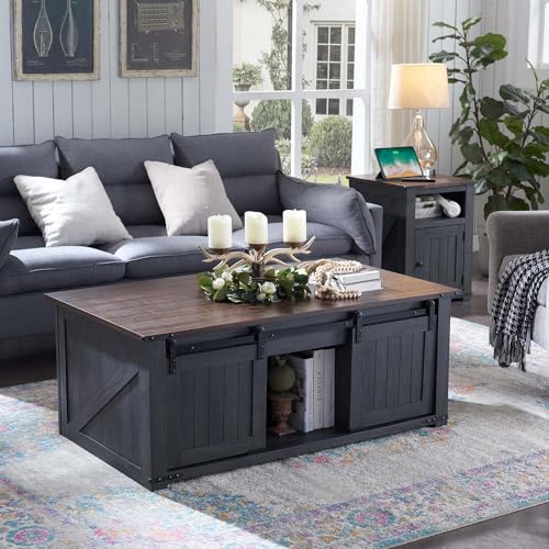 IFGET 48" Lift Top Coffee Table, Farmhouse Cocktai with Sliding Groove Barn Door, Rustic Wood Center Table w/Double Storage Spaces for Living Room, Dark Grey - color: Dark Grey