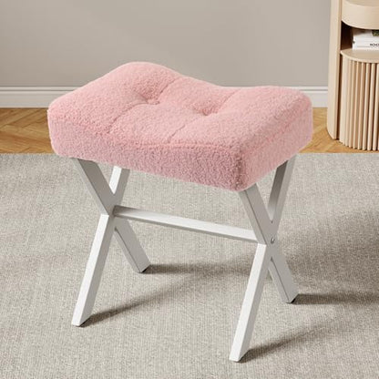 18-Inch Vanity Stool Chair, Pink Padded Saddle Makeup Stool | Teddy Flannel Vanity Bench, Metal X-Leg, 300 LBS, 16.3"x12.4"x18", Ottoman Accent Stool, Breathable Soft Saddle Seat - size: Small, style: Pink Fabric