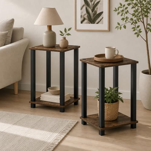 2-Tier Set of 2 Small End Table with Open Shelf, Easy Assembly Toolless Nightstand, Night Stand, Side Table, for Bedroom, Living Room, Amber Pine - color: Amber Pine/Black, size: 2 Tier, Set of 2
