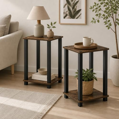 2-Tier Set of 2 Small End Table with Open Shelf, Easy Assembly Toolless Nightstand, Night Stand, Side Table, for Bedroom, Living Room, Amber Pine - color: Amber Pine/Black, size: 2 Tier, Set of 2