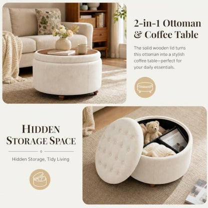 25" Round Ottoman with Storage, Small Coffee Table with Reversible Tray Lid | Tufted Fabric Round Storage Ottoman with Solid Wood Legs, 3-in-1 Footrest for Living Room, Bedroom, Entryway, Camel - color: Camel