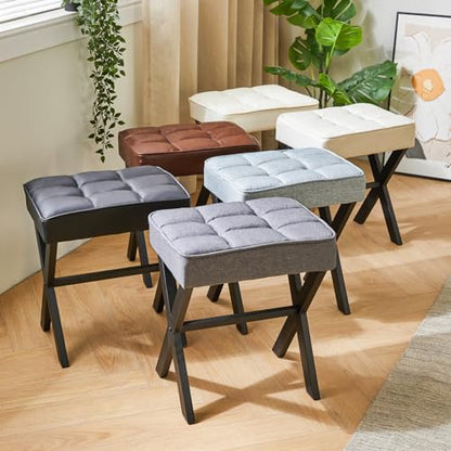 IBUYKE Square Makeup Stool with X-Leg, Linen Vanity Chair, Linen LG-70Y | Footrest Ottoman Seat Multi-Use Small Side Table Bedroom Living Room - color: Linen, size: 17.72"-Linen