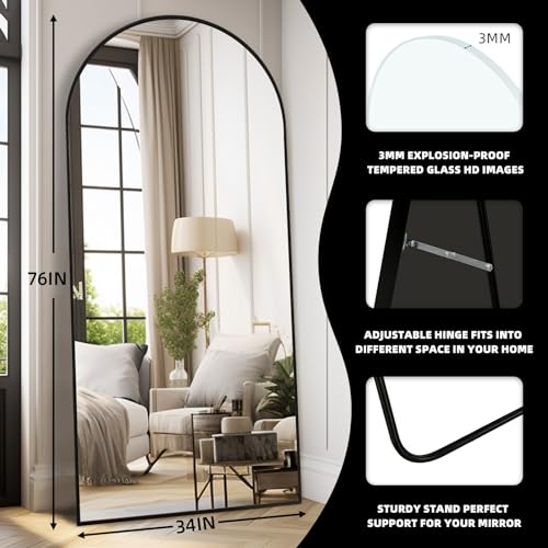 ZHUNFA Arched Full Length Mirror, 76x34 Oversized Mirrors with Stand | Aluminum Full Length Floor Mirror with Arched-Top, Room Decor, Living Room Decor, Wall Decor, Black - color: Black, size: 76"L x 34"W