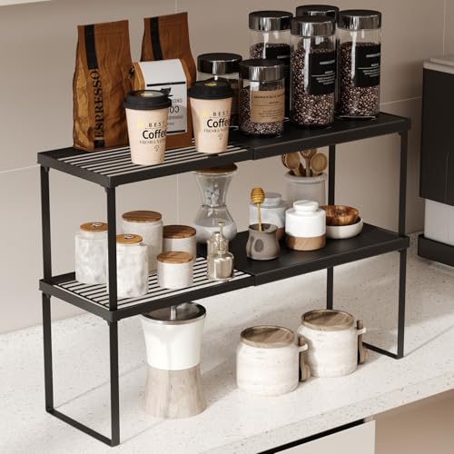 Magheo Expandable Kitchen Countertop Organizer, 2 Pack Stackable Cabinet Shelf Risers, Metal Spice Rack Heavy Duty Counter Organizer Storage for Kitchen, Pantry, Cupboard, Rv (8.7in Height,Black) - color: Black, size: 2 Pack-8.7in Height