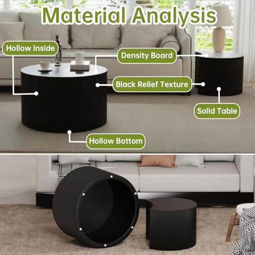 26 inch Round Black Fluted Nesting Coffee Table Set of 2, A Large | Spray Painting Finish, For Living Room, Nested Crescent Side Table, Nestable Design, Mid-Century Modern, For Small Spaces - color: A Large