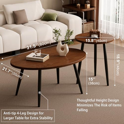 2 Pcs Small Oval Coffee Table,31.5" Retro Walnut Coffee Tables Nesting Tables Set,Easy Assembly Mid Century Modern Coffee Tables for Living Room Office,Coffee Table and End Table Sets - color: Oval-walnut