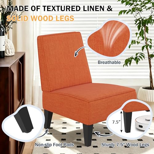 Armless Accent Chairs Set of 2, Orange Linen Slipper Chairs | Upholstered Armless Chair with Solid Wood Legs, Mid Century Modern Side Chairs for Small Living Room Bedroom Apartment - color: Orange