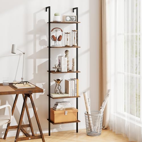 Tangkula 5-Tier Ladder Shelf, 70 Inch Wall-Mounted Open Bookshelf with Anti-Tipping Kits, Metal Frame, Industrial Display Rack Storage Vertical Bookcase for Living Room Home Office (2, Rustic Brown)