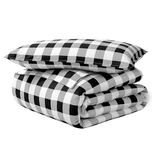 Bare Home Flannel Duvet Cover Set Twin/Twin XL, Buffalo Plaid - White/Black | 100% Cotton, Velvety Soft, Heavyweight, Premium Flannel, Double Brushed, Includes Sham Pillow Cover - color: 13 - Buffalo Plaid - White/Black (No Comforter), size: Twin/Twin XL