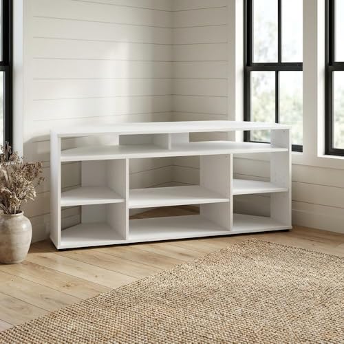Furnifact White Corner TV Stand, for 55-Inch TVs, Rubberwood Solids, Cathedral Walnut Veneers, Durable Solid and Manufactured Wood Construction - color: White