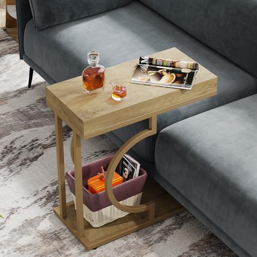 Tribesigns Narrow Side Table C Shaped End Table Modern Bedside Tables for Couch, Small Sofa Chairside Tables with Metal Frame for Living Room (2, Natural+Wood Tones) - color: Natural+wood Tones