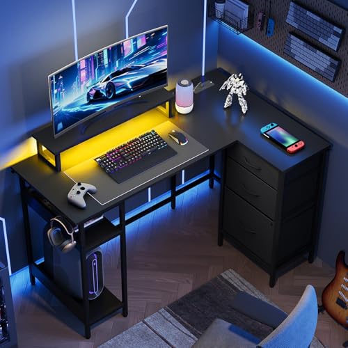 DEVAISE 48 Inch L Shaped Gaming Desk with Drawers and Storage, Corner Desk with LED Lights, Power Outlets, Computer Desk with Monitor Stand, Office Desk for Home, Black - color: Black, size: 48 Inch with Drawers
