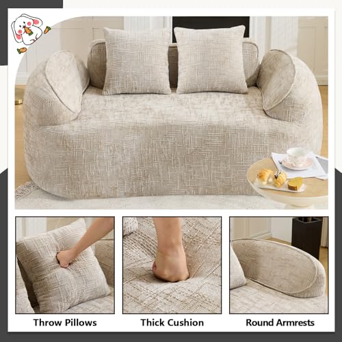 67" Curved Loveseat Sofa with 2 Pillows, Modern Boneless Couch in a Box, Small Cloud Loveseat for Bedroom Small Space Apartment Living Room, Memory Foam, Chenille, No Assembly (Light Khaki) - color: Light Khaki