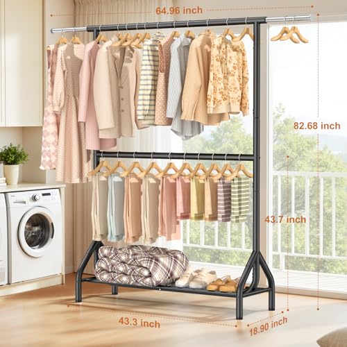 Double Rod Clothing Rack Load 622 LBS, Heavy Duty Clothes Rack for Hanging Clothes, 82.68 inch High Garment Rack with Sotrage Shelves, Metal Clothing Hanger Closet Wardrobe Organizer (Black) - color: Black