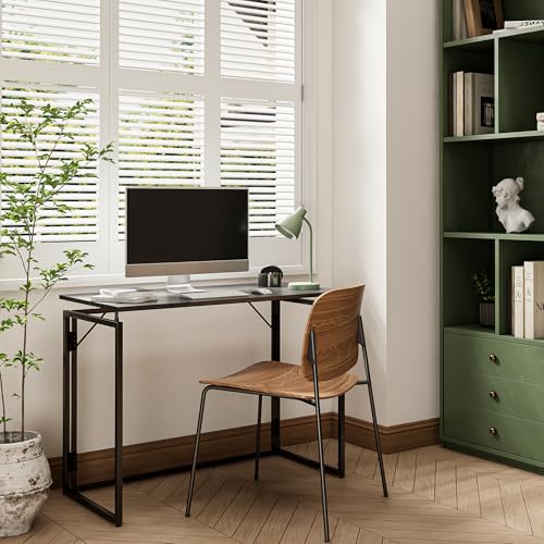 31.5" Folding Desk: No Assembly, Wood Top for Small Spaces | Home office desk, holds 150 lbs, folds flat to 2.3 in, splash-proof wood top, sturdy metal frame - color: Black, size: 31.5"W x 15.7"D