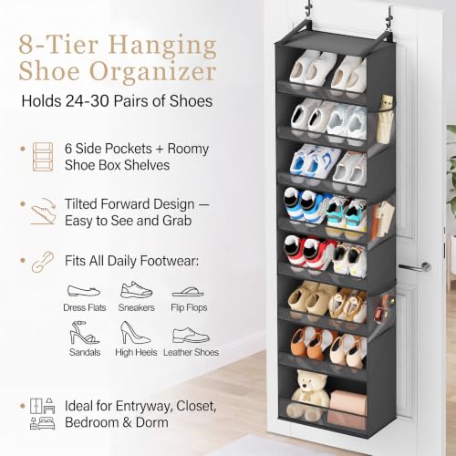 Ligereza Over the Door Shoe Organizer for 20-30 Pairs, 8-Tier, Black | Hanging Shoe Rack Holds Sneakers, Boots & Heels, Angled Pockets for Instant Access, Adjustable Hooks fit All Door Thicknesses