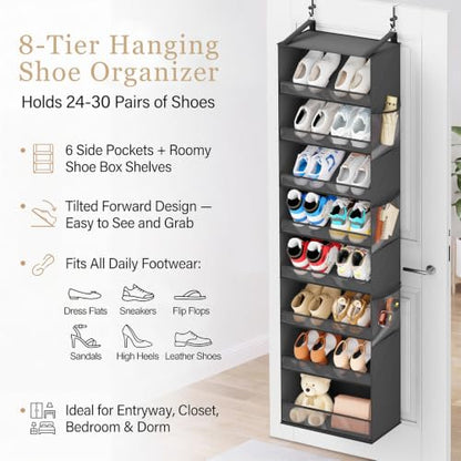 Ligereza Over the Door Shoe Organizer for 20-30 Pairs, 8-Tier, Black | Hanging Shoe Rack Holds Sneakers, Boots & Heels, Angled Pockets for Instant Access, Adjustable Hooks fit All Door Thicknesses