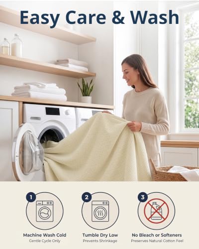 LANE LINEN Queen Blanket - 300 GSM Cotton - Warm & Cozy Blanket - Softer, Durable, Breathable & Classic Waffle Texture - Great for Everyday Bed Use & Relaxing on Couch - 90x90 inches - Sugar Swizzle - color: 07: Sugar Swizzle, size: Queen