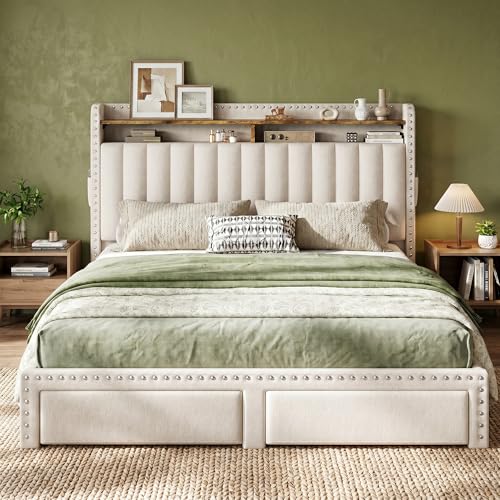 EnHomee Queen Bed Frame with 2 Drawers & 2-Tier Storage Headboard Shelf | 2 side pockets, Under-Bed space, Fabric upholstered, 1000lbs for bedroom apartment, Noise-Free, Easy Assembly, White - color: White, size: Queen