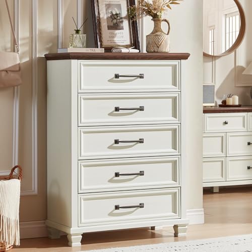 Farmhouse 5 Drawer Dresser for Bedroom, White | 45” Tall Vertical Dressers Chest of Drawers with Reinforced Top & Square Wooden Legs - color: White, size: 16"D x 32"W x 45"H (5 Drawers)