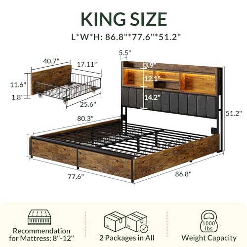 King Bed Frame with 6 Storage Drawers, Bed Frame King Size with Linen Upholstered Headboard, Built in Charging Station and LED, No Noise, Metal Support, No Box Spring Needed,Vintage Brown - color: Brown and Grey, size: King