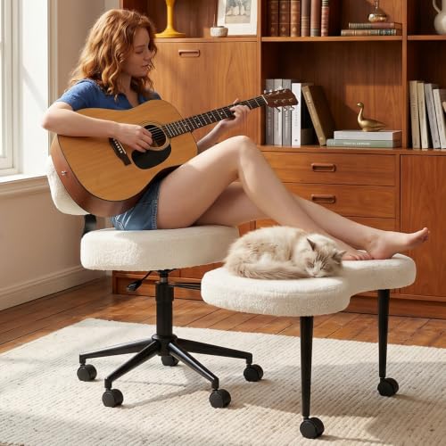 DUMOS ADHD Meditation Chair, Cross Legged Home Office Desk Chair | Ergonomic Adjustable Height Backrest, 360° Swivel Footstool, Yoga Stool, Teddy Fabric White - color: Teddy Fabric White
