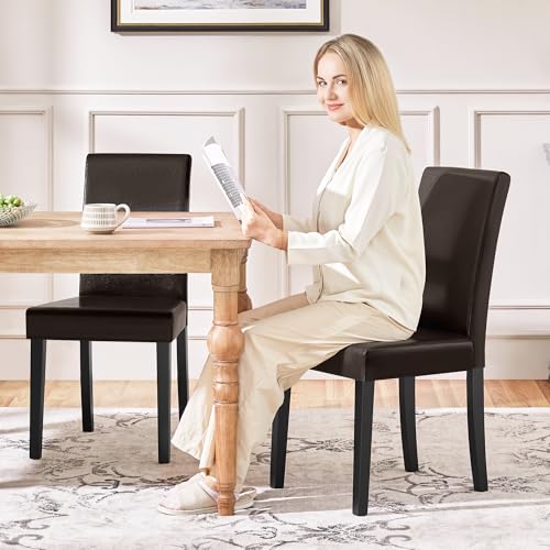 Yaheetech Dining Chairs Set of 2 Upholstered Kitchen Chairs Dark Brown | Faux Leather High Back Sillas De Comedor, Solid Wood Legs, Adjustable Footpads, Modern Armless Parson Chairs for Dining Room - color: Dark Brown, size: Set of 2