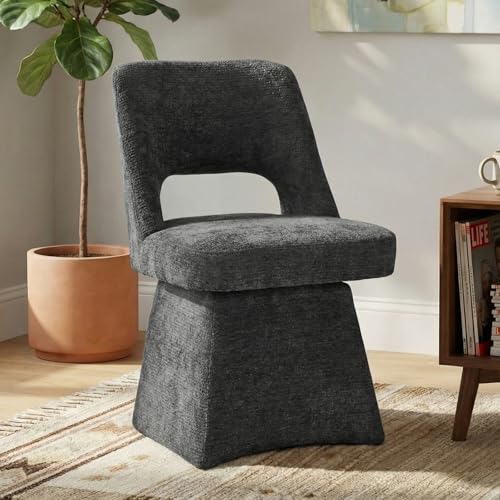 VKNOW Upholstered Swivel Dining Chair with Curved Open Back | Modern Dining Room Chairs with Chenille Fabric, Space-saving, Easy Assembly, for Dining Room, Living Room, Bedroom, Black - color: Black