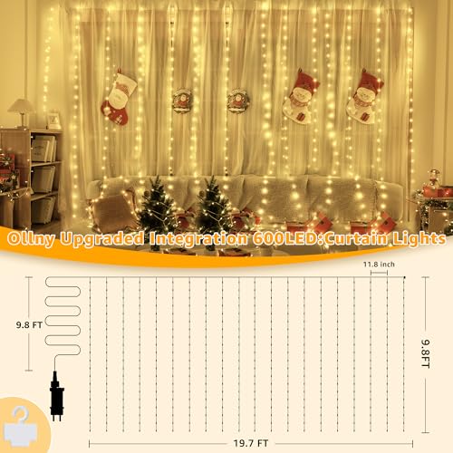 Ollny Curtain Lights 600LED 19.7ft x 9.8ft, IP67 Waterproof Outdoor Curtain Rice Lights with Remote, Plug-in Untangle Rice Curtain Light with 8 Modes 3 Timers for Wall Backdrop Decor(Warm White) - color: Warm White, size: 19.7ft