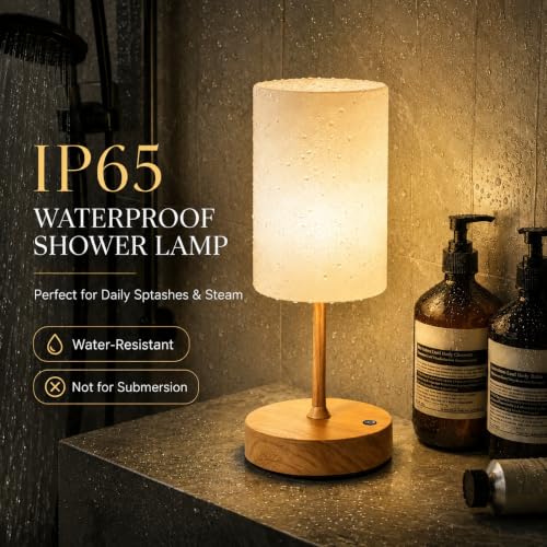 Spa-Like Shower Lamp | IP65 Waterproof Lamp for Indoor & Outdoor | 5200mAh Rechargeable Battery, 3 Color Temps, Stepless Dimming, Cordless Lamp for Bathroom, Bedroom, Living room, Patio